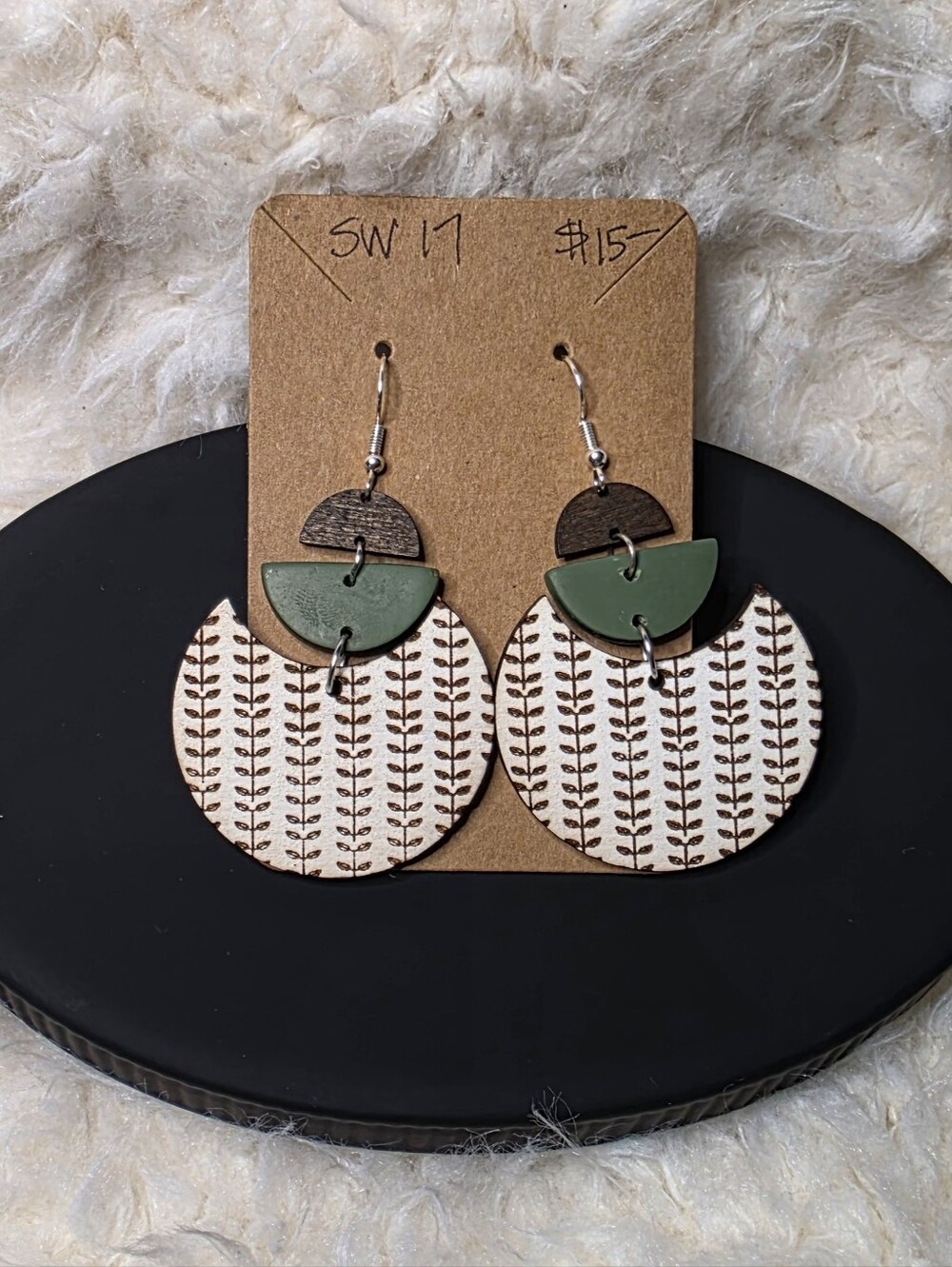 Boho Layered Wood Earrings in Green and Natural